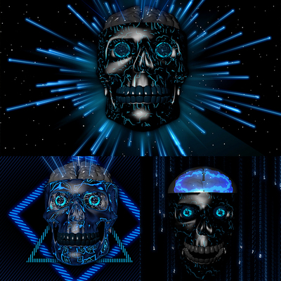 3个科技骷髅头骨动态动画vjloops视频素材舞台背景Digital Skull