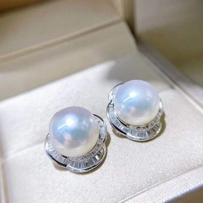 简约银镶强光正圆珍珠耳钉耳饰