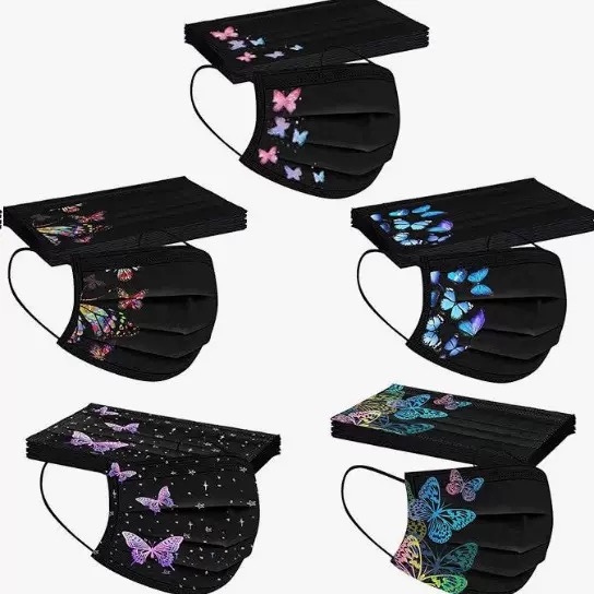 一次性三层黑色口罩蝴蝶图案时尚潮流个性透气舒适女款面罩时尚