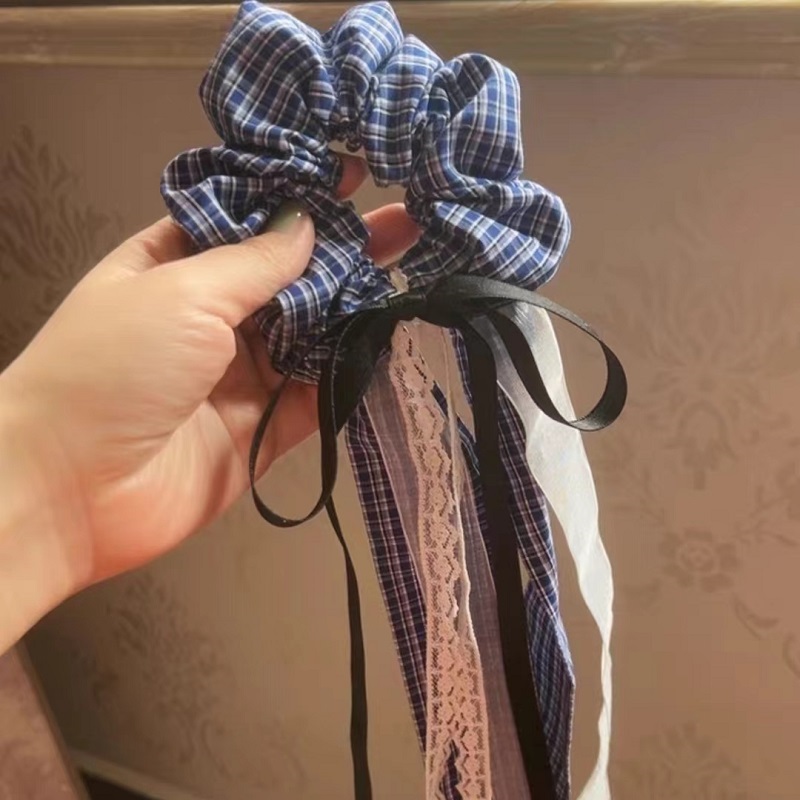 布艺格纹蝴蝶结飘带大肠发圈头绳