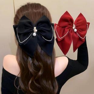 法式红色缎面蝴蝶结弹簧夹韩版高级感顶夹发夹复古新娘敬酒服头饰