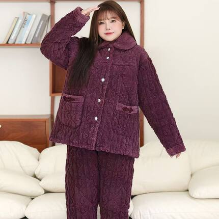 睡衣女冬季加厚加绒长袖长裤中老年大码保暖妈妈可外穿家居服套装