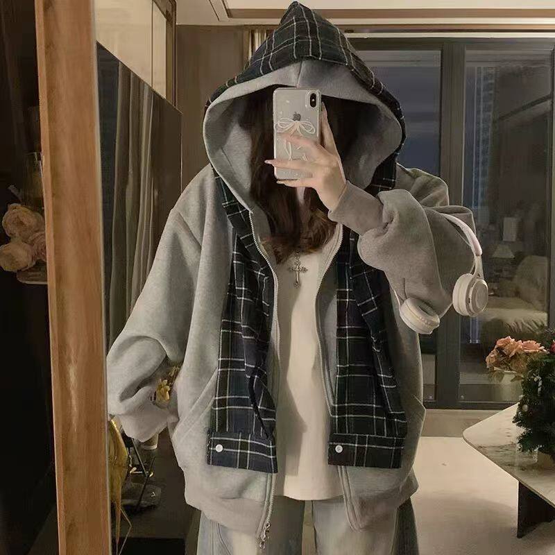外套女2025秋季新款复古学院风开衫卫衣连帽拼接格子休闲百搭上衣