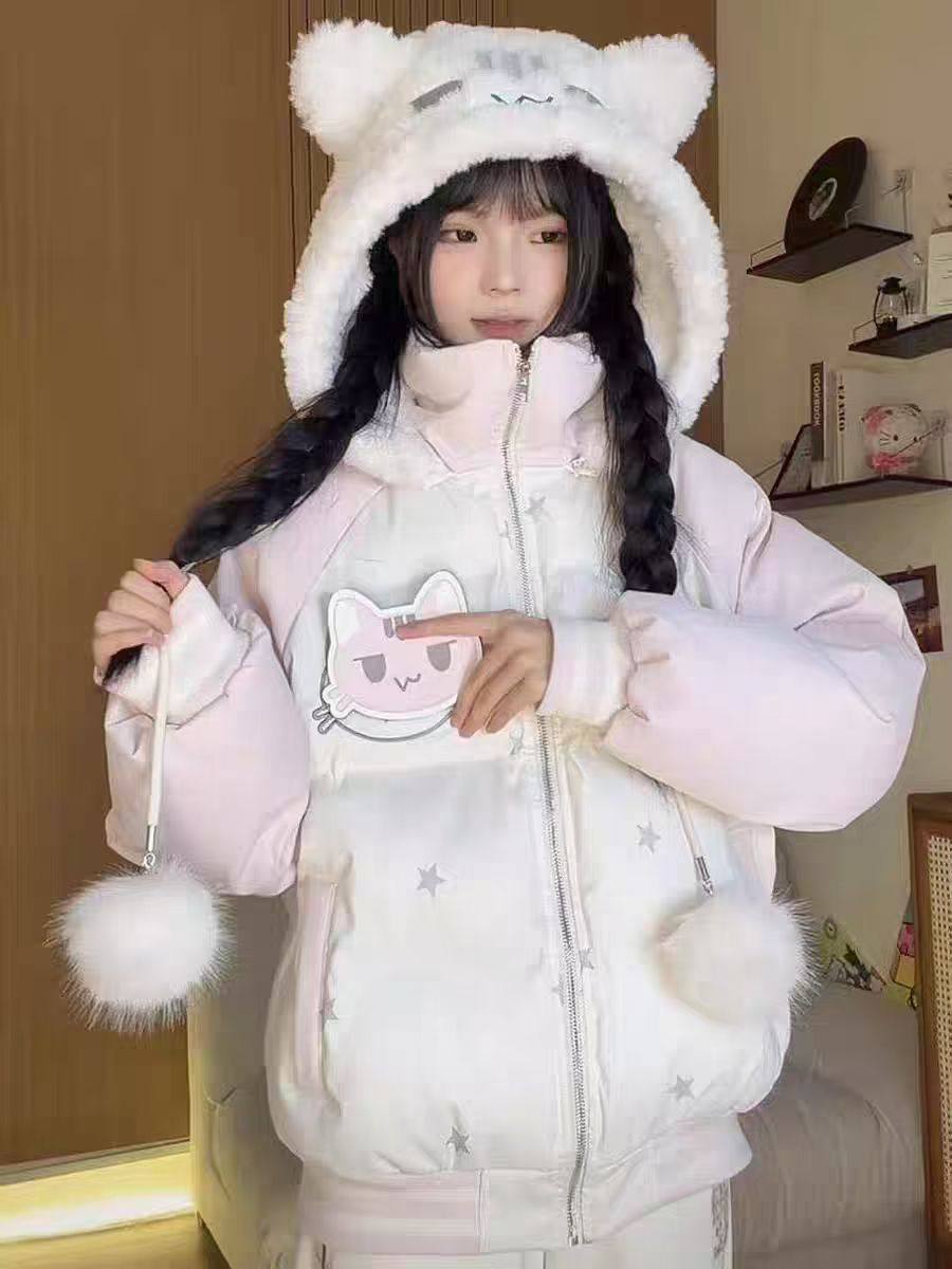 可爱耳朵连帽棉服女2025冬季新款韩版休闲宽松百搭加厚保暖上衣潮