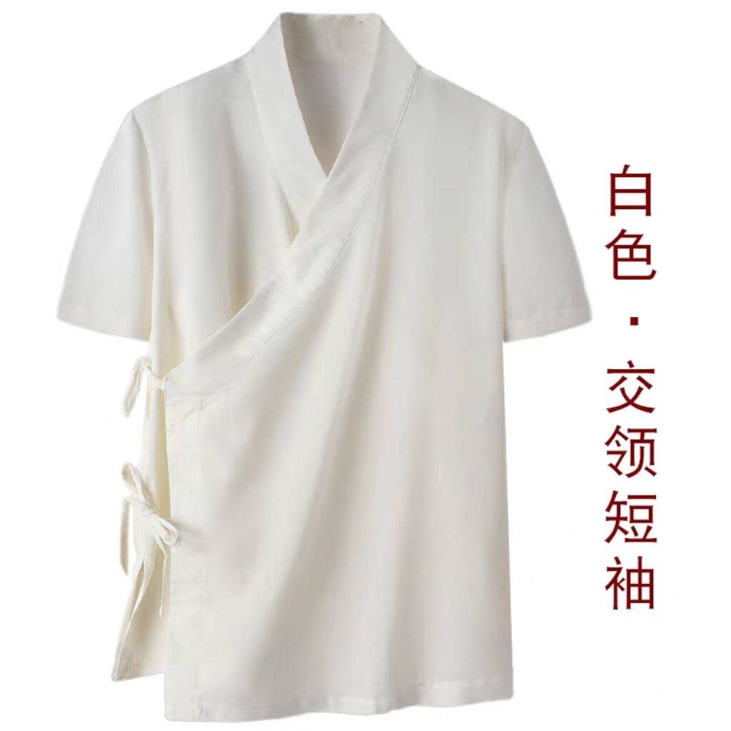 夏季短袖汉服中国风禅意茶服男女款斜襟系带新中式上衣大码300斤