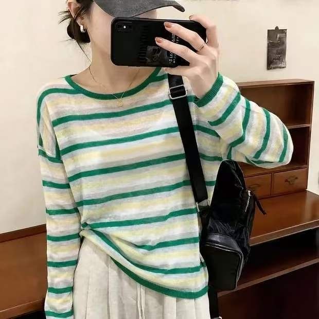 彩色条纹薄款宽松大码长袖T恤女2026春夏季新款时尚防晒罩衫上衣