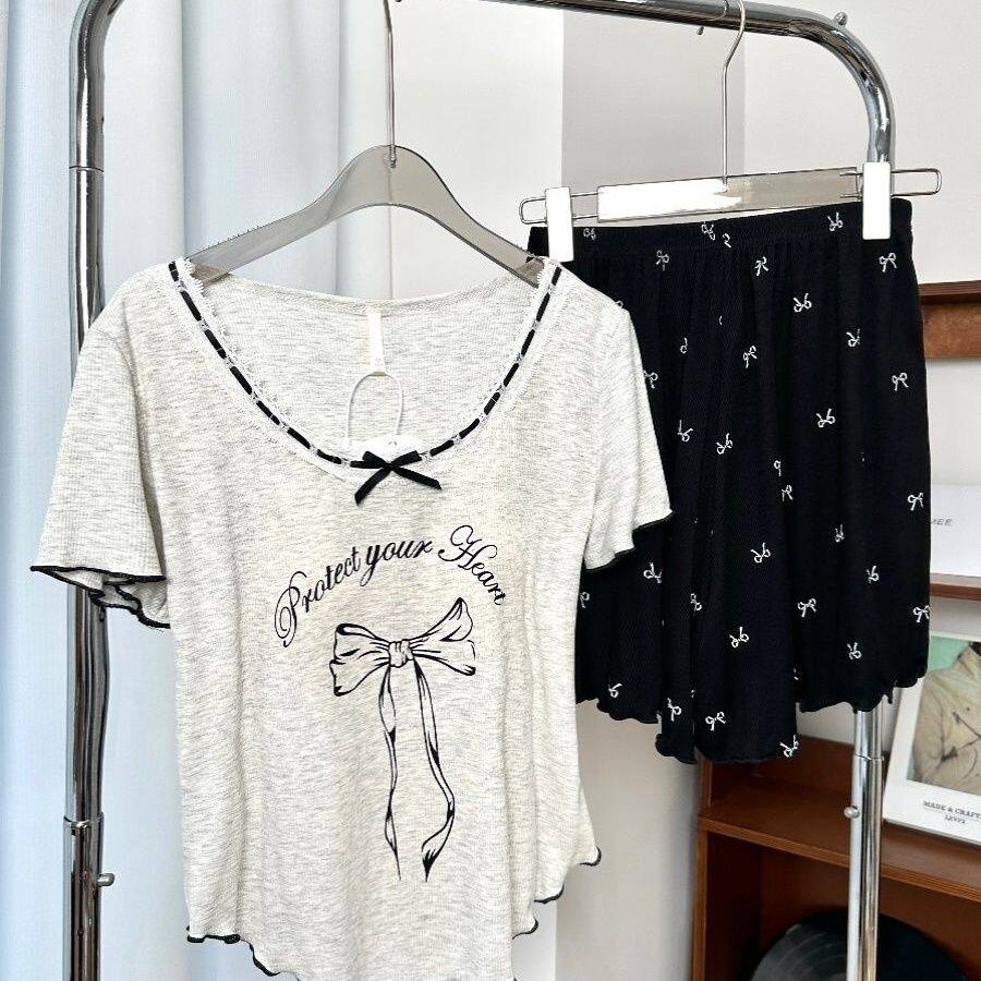 大码300斤夏季新款少女风蝴蝶结短袖短裤睡衣甜美家居服套装外套