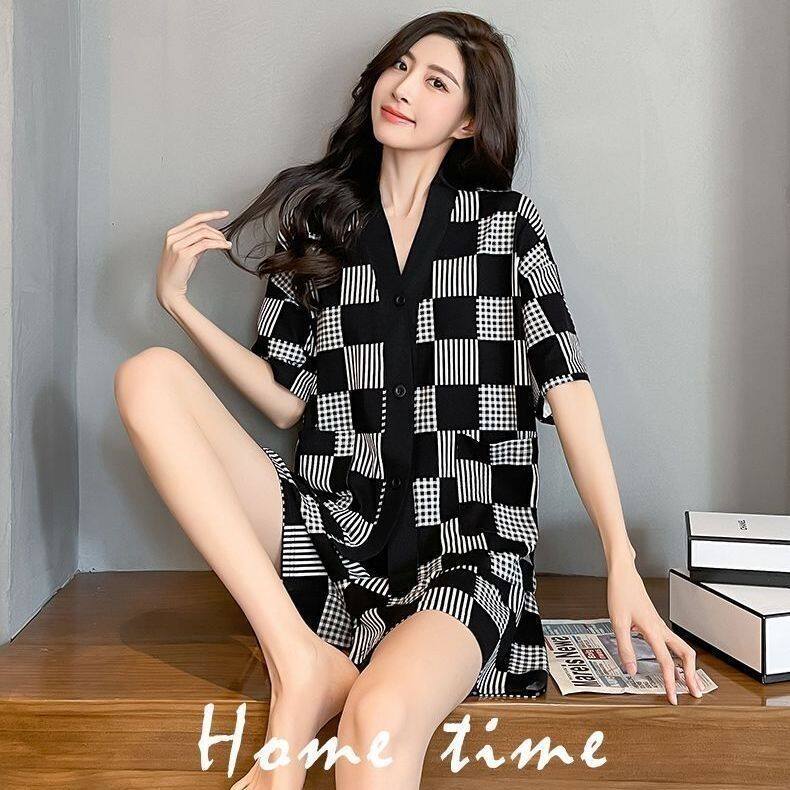 大码300斤胖MM格子睡衣女夏季冰丝开衫短袖短裤套装家居服可外穿