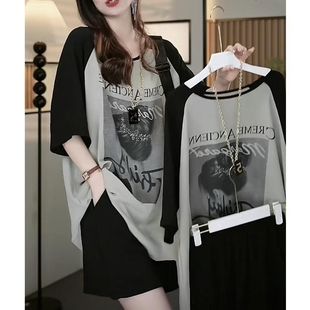 大码300斤插肩袖背影女孩印花中长款T恤短袖冰丝遮屁股上衣夏季薄