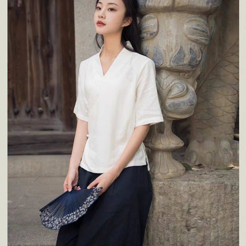 唐装居士服男女装汉服夏季茶人服中式国风禅修服交领系带上衣大码