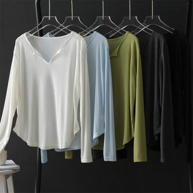 超薄小V领长袖T恤女夏新款大码宽松圆弧下摆透明空调衫防晒衫罩衫
