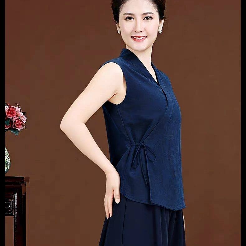 新中式交叉领斜襟绑带小飞袖女夏季冰丝妈妈国潮风上衣大码300斤