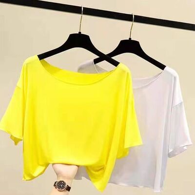 300斤大码露肚脐短袖女夏胖mm短款宽松纯色t恤一字领上衣高腰百搭