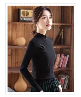 大码300斤半高领打底德绒T恤秋冬新中式复古宫廷风盘扣旗袍式上衣