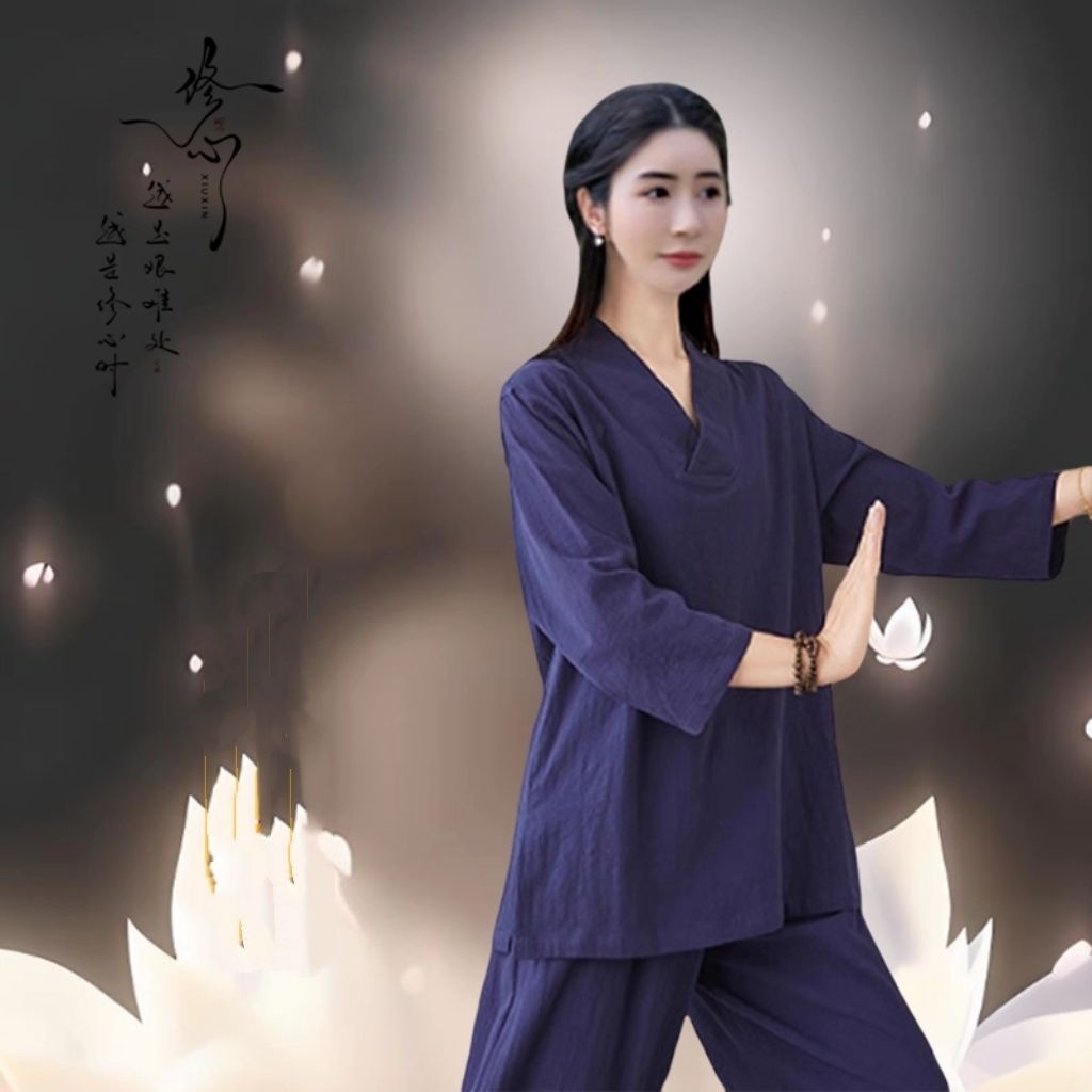 禅修居士服男女通用春秋新款V领新中式复古国风打坐瑜伽禅服大码