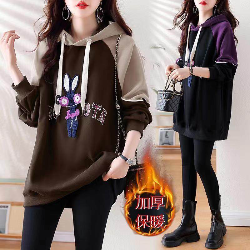 大码300斤加绒加厚连帽卫衣女中长款秋冬季爆款胖mm宽松时尚上衣