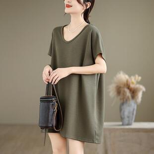 大码300斤中长款短袖t恤女遮屁股夏季冰丝洋气加肥宽松遮肚上衣薄