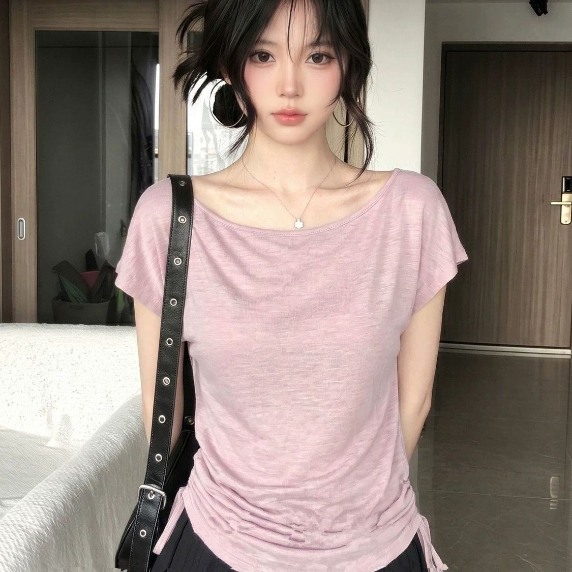 粉色设计感抽绳收腰短袖T恤女装夏季新款纯欲风斜肩露肩上衣大码