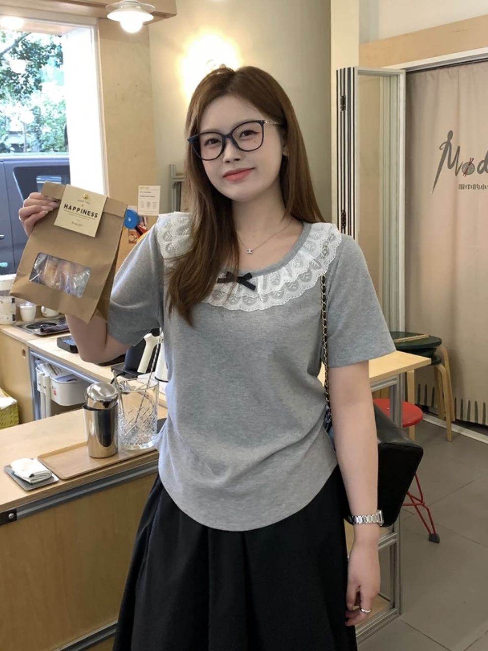 大码300斤休闲短袖t恤2025新款女夏季蝴蝶结花边胖MM显瘦气质上衣