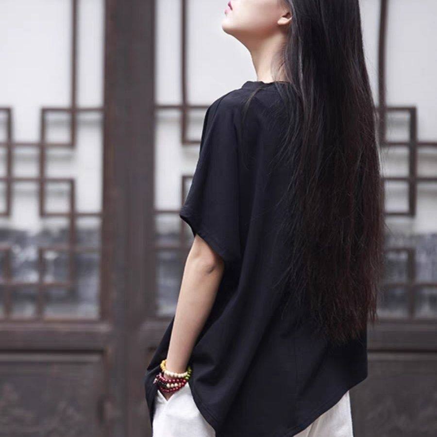 复古禅意女装冷淡风t恤极简佛系少女文艺短袖中国风上衣大码300斤