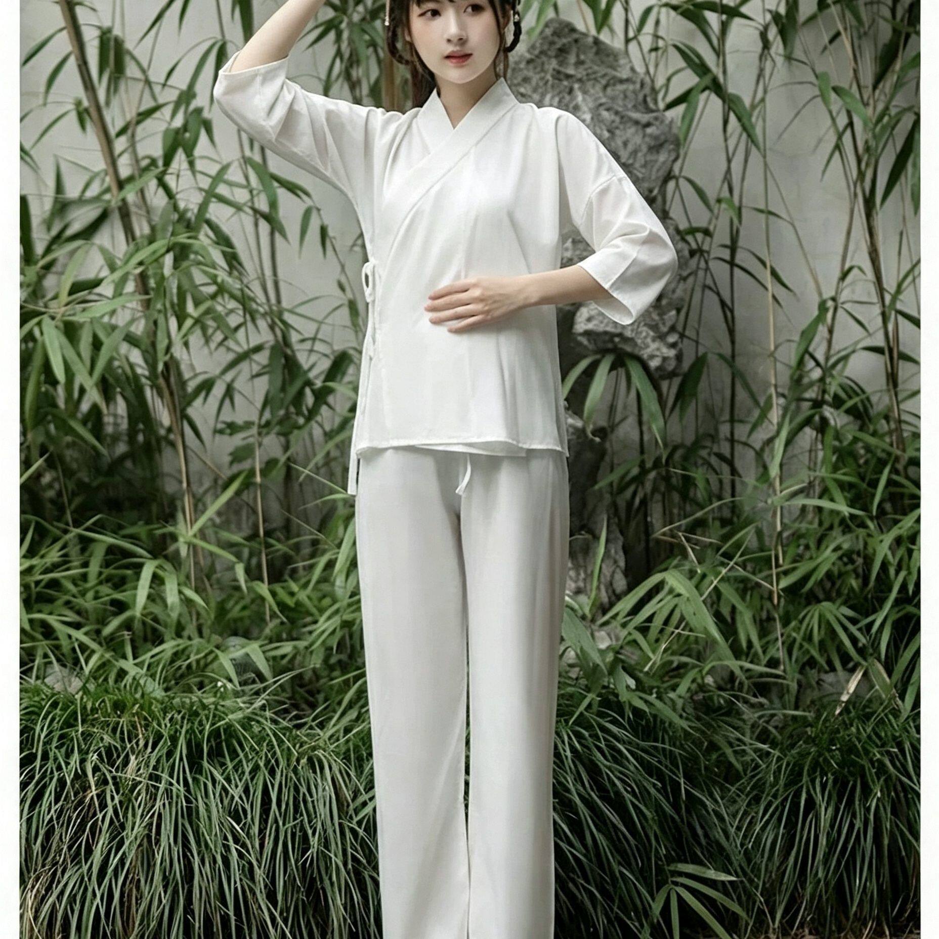 古装汉服中衣中裤套装白色打底睡衣男女四季通用内衬里衣茶服大码