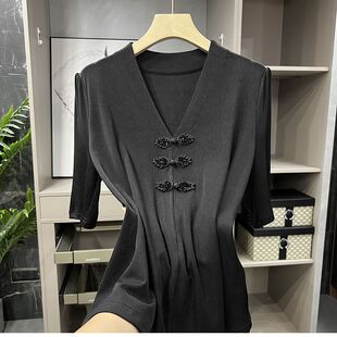 300斤宽松版短袖t恤女新款国潮风上衣盘扣复古民族风时尚小众小衫