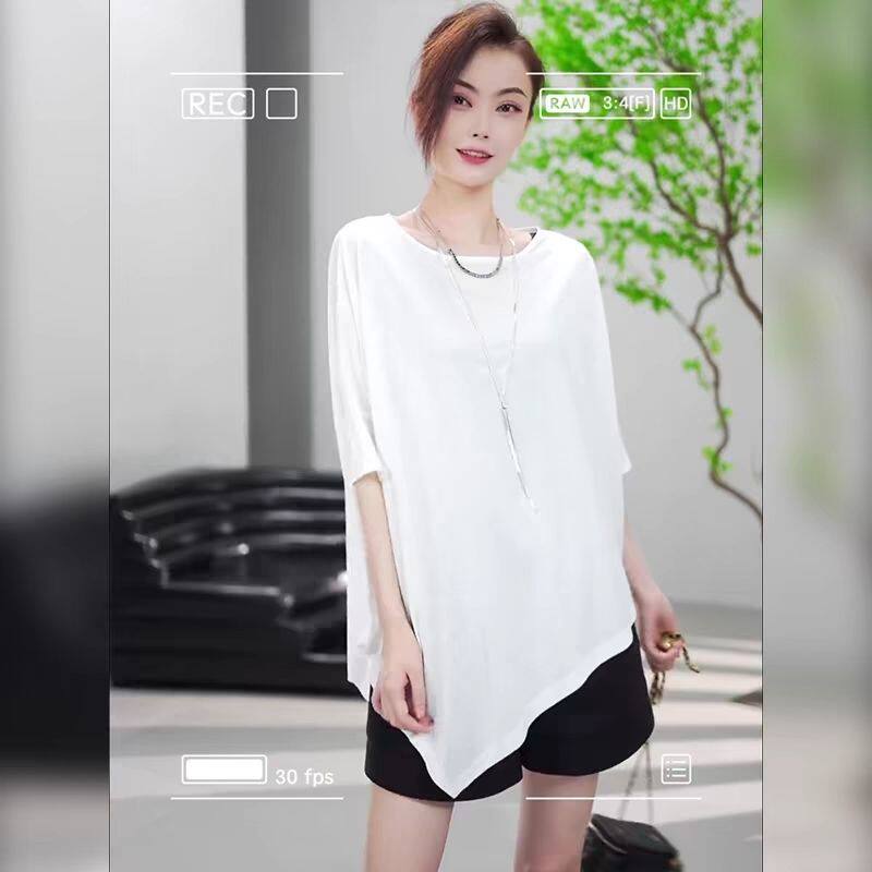 设计感不规则宽松显瘦圆领短袖T恤女夏季百搭蝙蝠袖上衣大码300斤