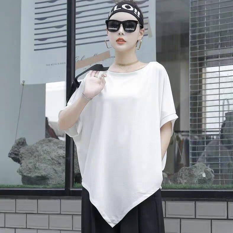 女夏季新品大码显瘦宽松韩版简约不规则T恤蝙蝠短袖休闲遮肉上衣