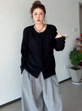 2025秋季慵懒风胖MM宽松大码正肩黑色长袖女显瘦外搭开衫气质上衣
