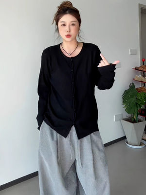 2025秋季慵懒风胖MM宽松大码正肩黑色长袖女显瘦外搭开衫气质上衣