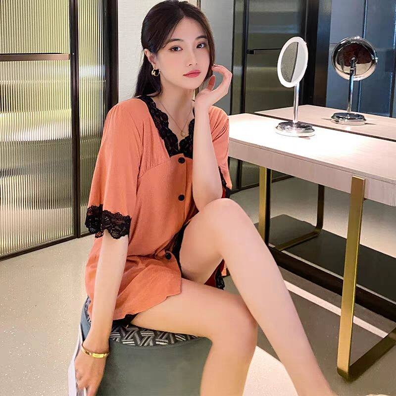 大码300斤短袖睡衣女夏性感蕾丝花边家居服套装短裤两件套可外穿