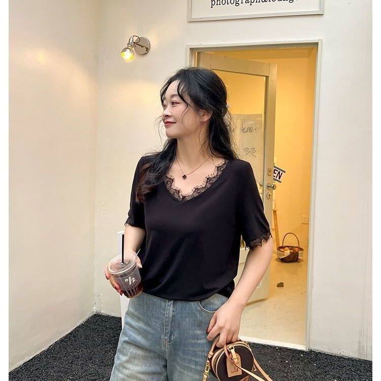 大码300斤夏季女装2025新款宽松休闲蕾丝V领显瘦拼接短袖上衣T恤