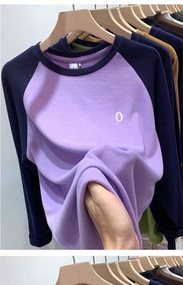 2-300斤撞色德绒打底衫T恤女秋冬保暖内搭长袖宽松大码插肩肩上衣