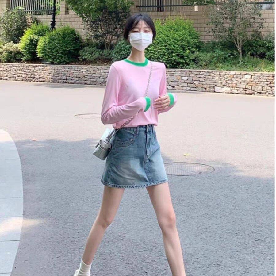 粉色撞色冰丝长袖T恤女夏季薄宽松显瘦空调罩衫防晒上衣大码300斤