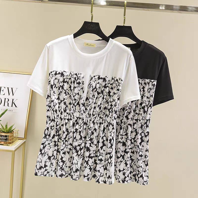 大码女装300斤胖mm女夏季短袖假两件宽松设计感上衣小碎花T恤上衣