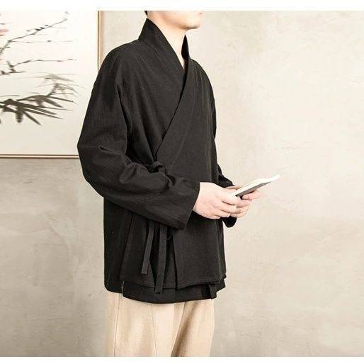 新中式改良斜襟汉服男女款宽松大码德绒长袖外套中国风禅修服上衣