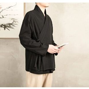 新中式改良斜襟汉服男女款宽松大码德绒长袖外套中国风禅修服上衣