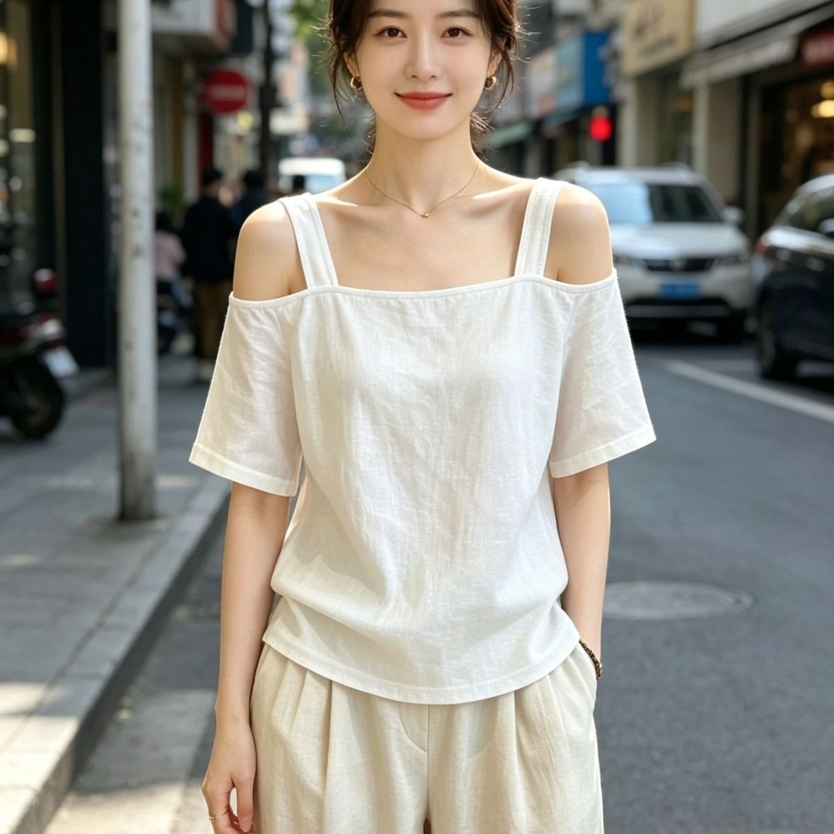 设计感露肩一字领吊带短袖T恤女夏季慵懒风大码300斤休闲性感上衣
