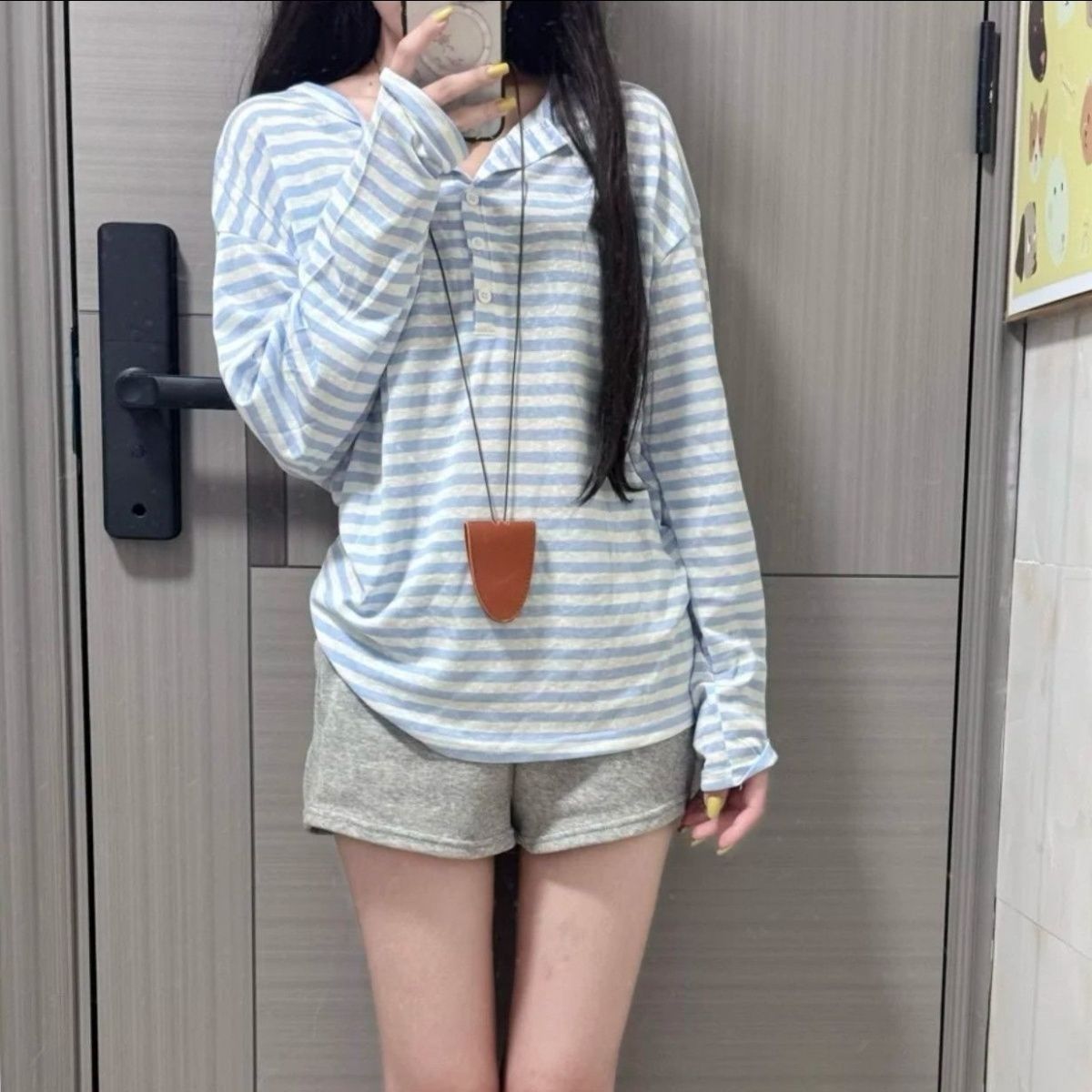美式条纹半开领长袖t恤女春夏季宽松慵懒风防晒罩衫百搭上衣大码