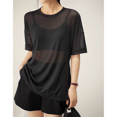 运动罩衫女夏网纱透气上衣圆领短袖宽松开叉T恤防晒罩衣大码300斤