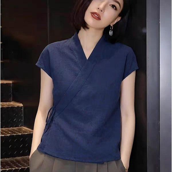 新中式交叉领女2026夏季新款V领短袖宽松显瘦上衣文艺轻复古大码