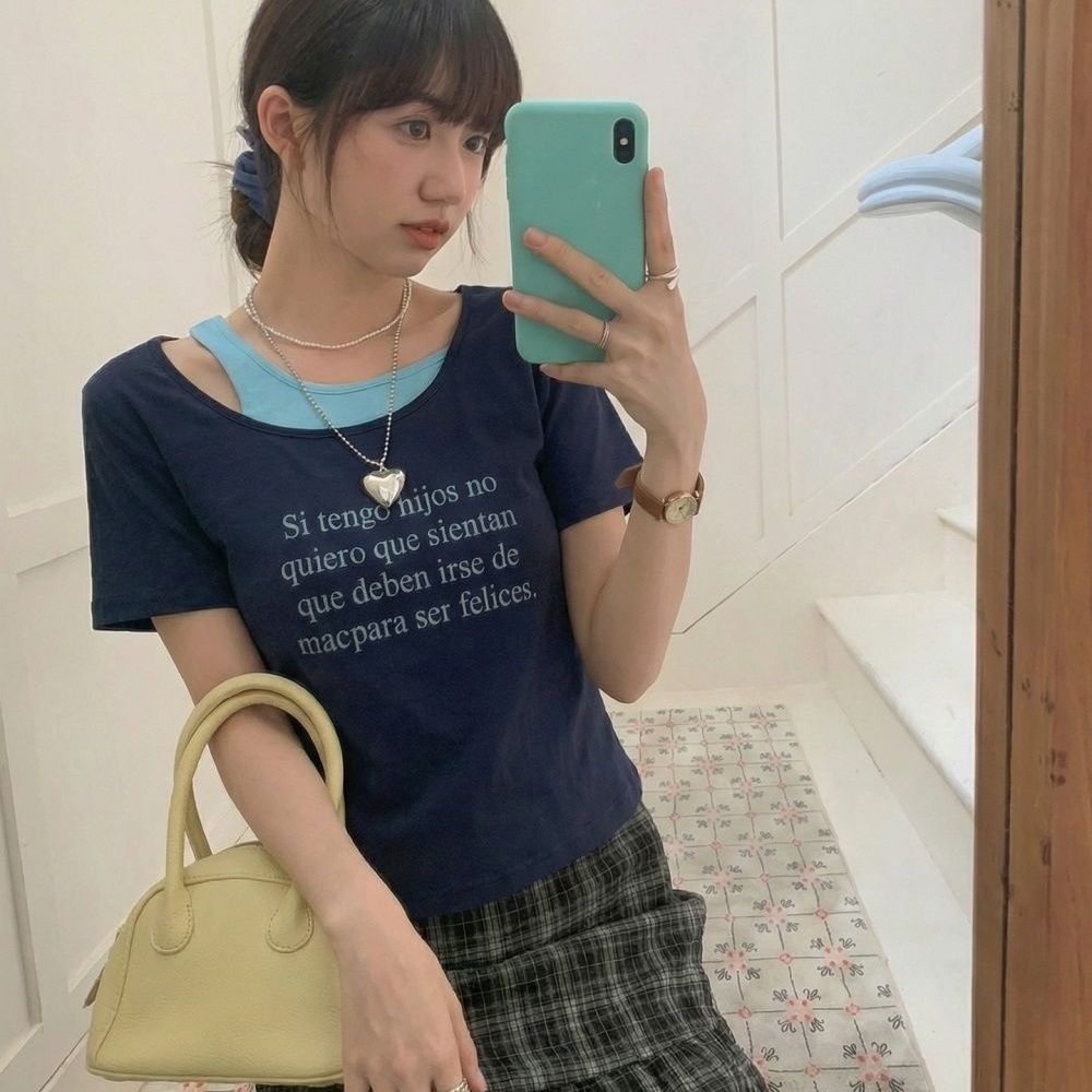 假两件漏肩小心机镂空露肩短袖t恤女2026夏季新款大码微胖mm上衣