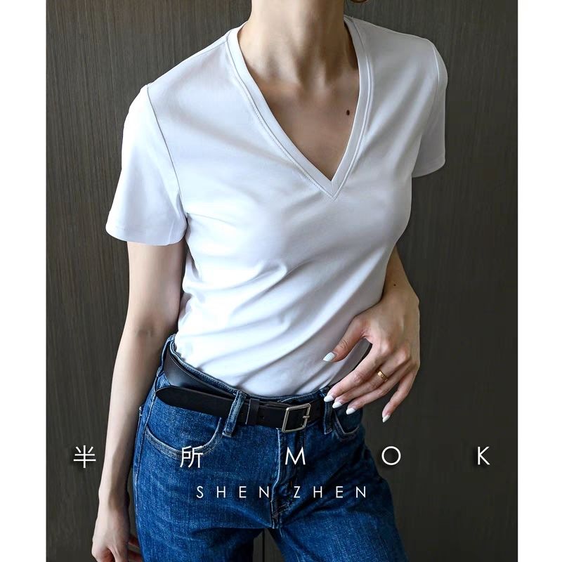 夏季新款白色冰丝百搭显瘦V领短袖T恤打底衫女大码300斤辣妹上衣