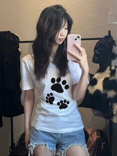 大码300斤美式复古慵懒风V领宽松百搭上衣女夏季短袖t恤印花休闲