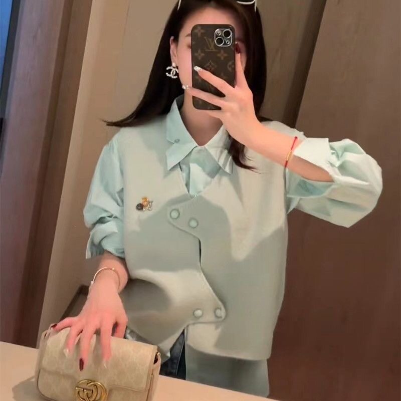 春季新款时尚洋气减龄糖果色衬衫两件套针织毛衣马甲+衬衣女套装