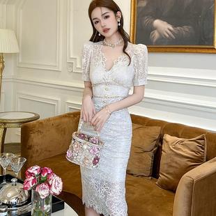 设计感镶钻单排扣V字领修身 2024夏季 韩版 新款 蕾丝连衣裙20459 女装