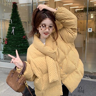 显瘦冬季加厚夹棉鹅黄色棉服外套配围脖棉衣波点加厚面包服感