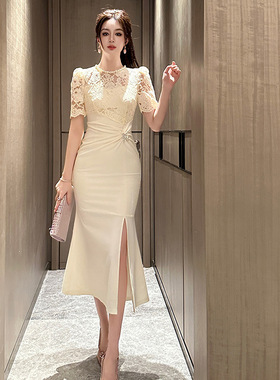 白色蕾丝短袖连衣裙法式气质长裙礼服裙生日裙子修身包臀裙21660