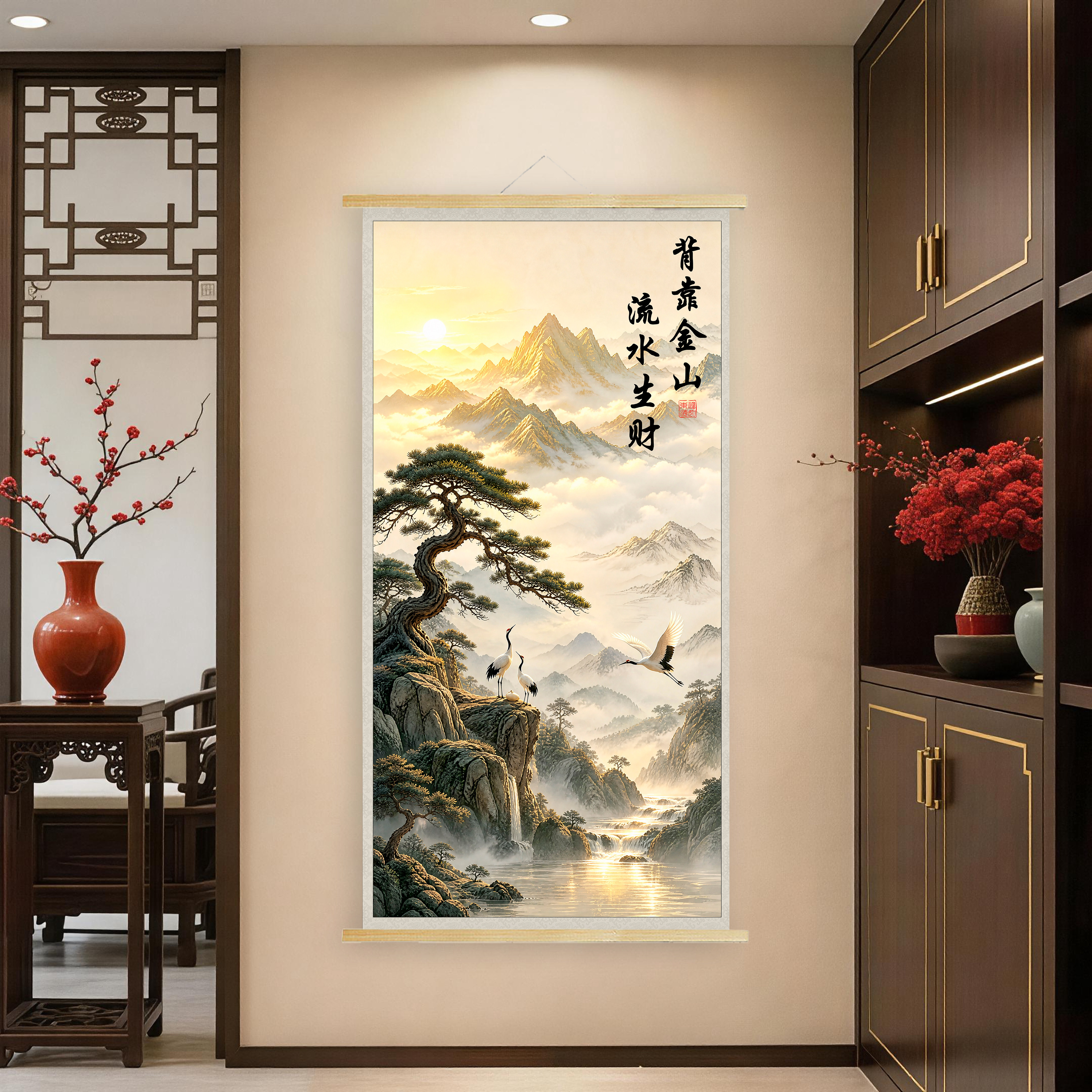 中式背靠金山山水画客厅装饰画书房玄关背景流水生财国画卷轴挂画