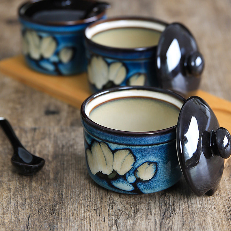 玉泉馨兰带盖陶瓷调味罐 盐罐糖罐调料瓶 釉下彩调料盒三件套